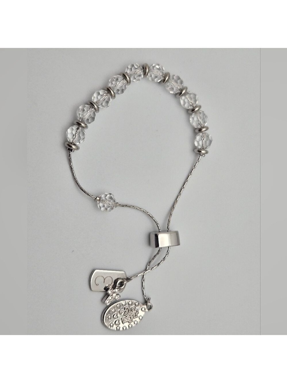 Adjustable Bolo Style Bracelet Clear Faceted Crystal Beads Silver Tone Charms